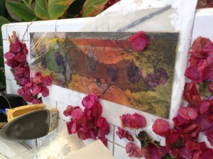 Bougainvillea in Patio, Margaret Arthur,Mono/encaustic,19 ins.x9ins.,