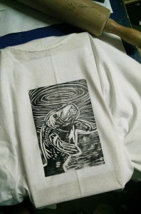 Manatee t-shirt, hand-printed from linocut with rolling pin 